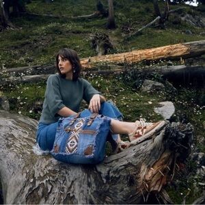 Retro Denim 90s Vibe Tribal Myra Bag Rug & Leather Tote satchel Aztec